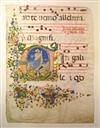 MANUSCRIPT LEAF ASCENSION. Vellum leaf from a Latin gradual with illuminated initial V. Florence, 15th century